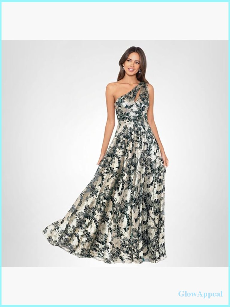 Floor Length V Neck Gown With Mesh Sleeves